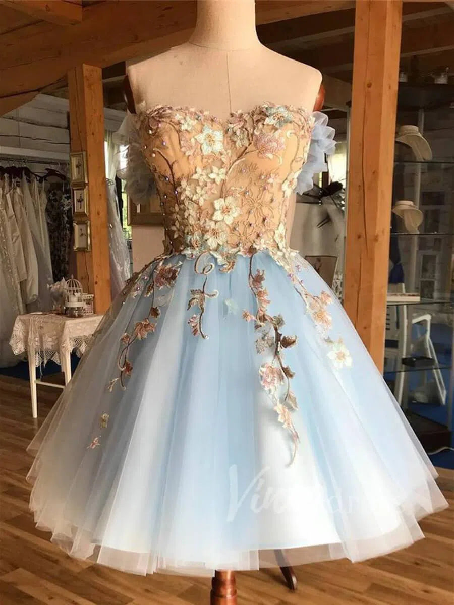 Light Blue Homecoming Dresses Floral Applique Graduation Dress SD1182-Homecoming Dresses 2025 -Viniodress-Light Blue-Lined-Custom Size
