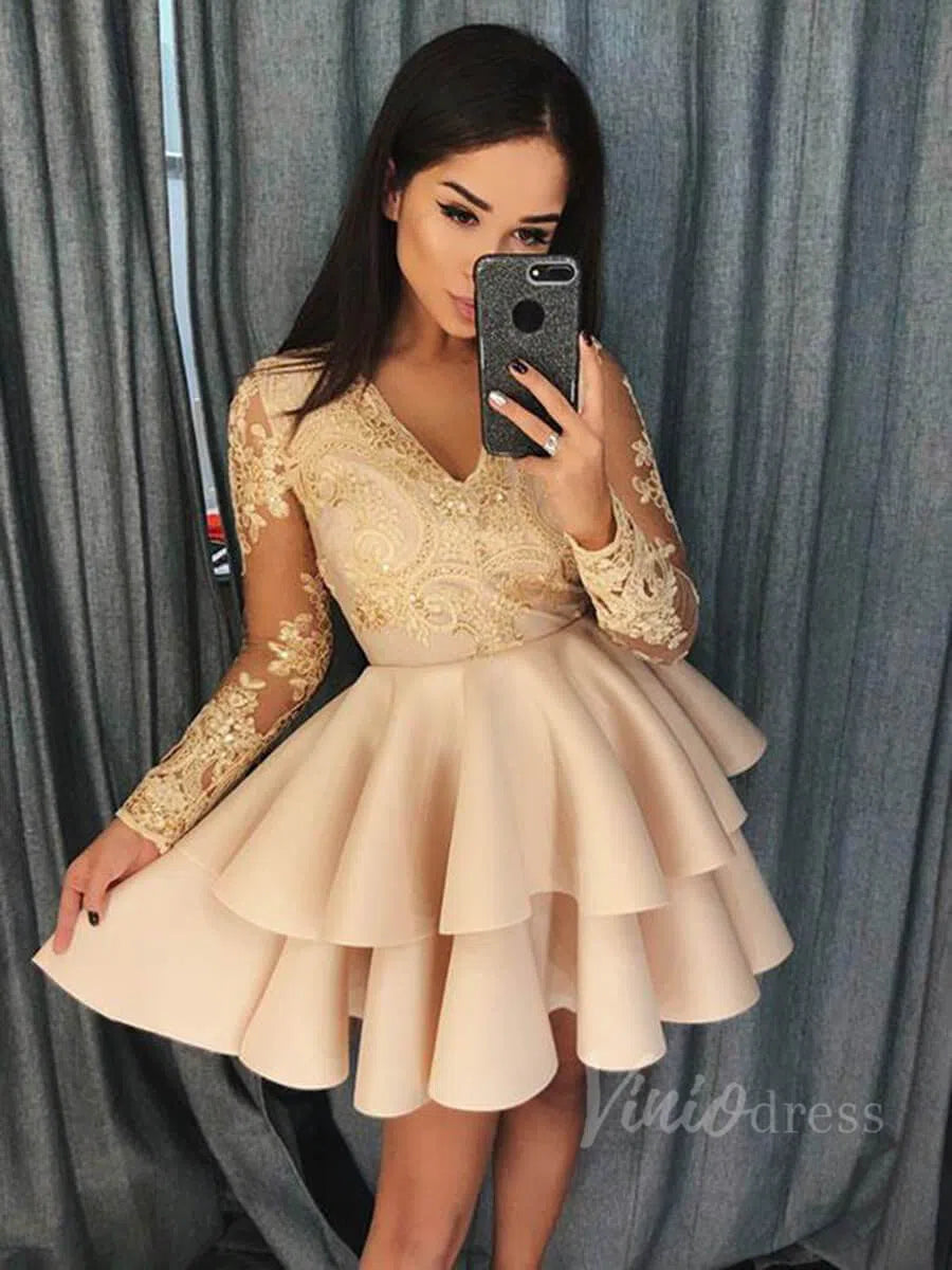 Short Prom Dresses 2025 Light Blue Homecoming Dresses with Long Sleeves SD1162-homecoming dresses-Viniodress-Champagne-Custom Size-Viniodress