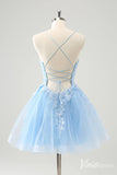 Light Blue Lace Applique Homecoming Dresses Spaghetti Strap Graduation Dress S24034-prom dresses-Viniodress-Viniodress