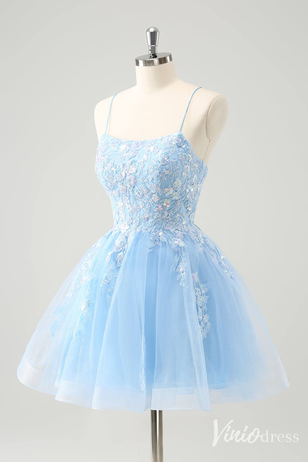 Light Blue Lace Applique Homecoming Dresses Spaghetti Strap Graduation Dress S24034-prom dresses-Viniodress-Viniodress