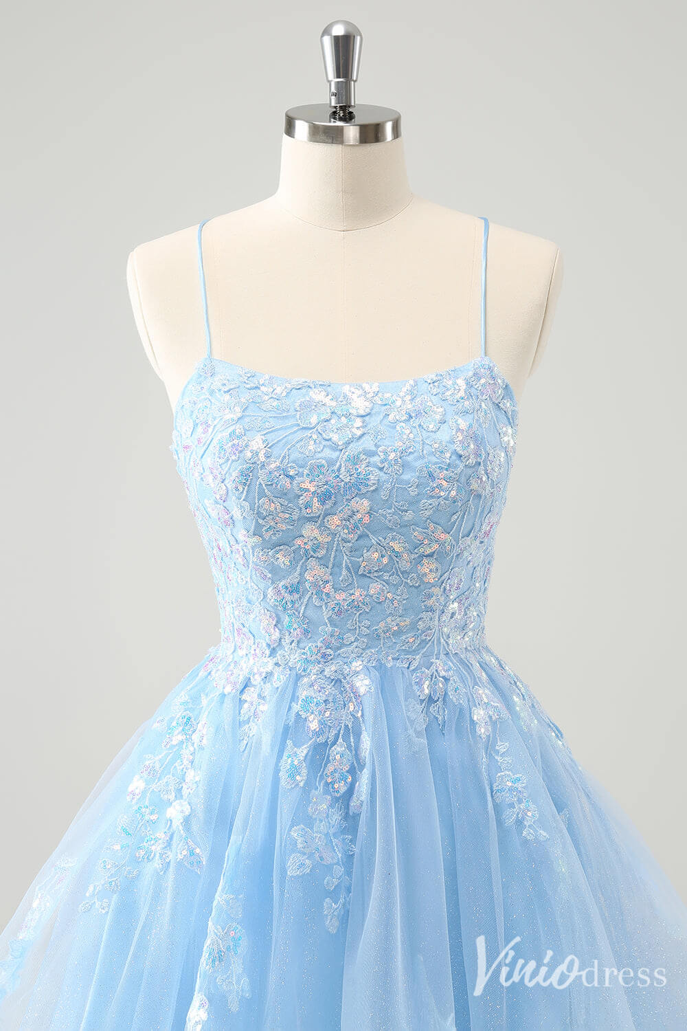 Light Blue Lace Applique Homecoming Dresses Spaghetti Strap Graduation Dress S24034-prom dresses-Viniodress-Viniodress