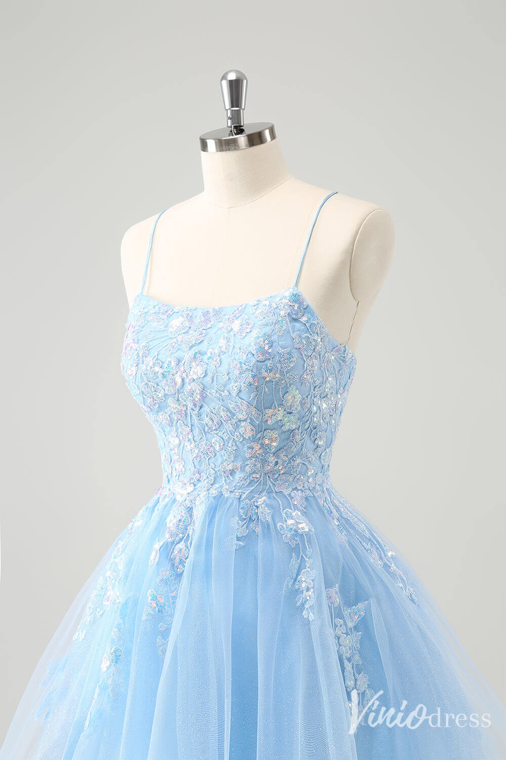 Light Blue Lace Applique Homecoming Dresses Spaghetti Strap Graduation Dress S24034-prom dresses-Viniodress-Viniodress