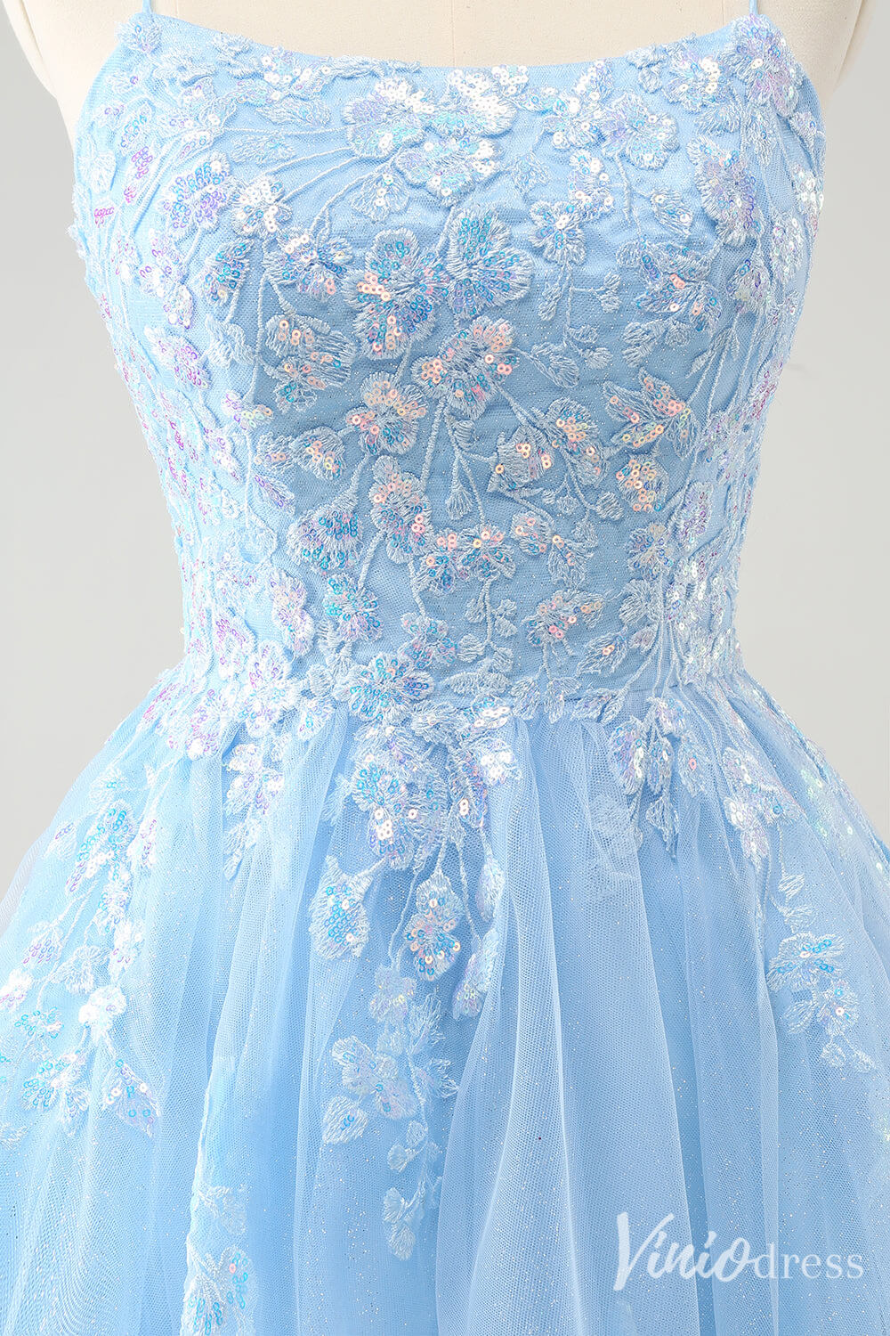 Light Blue Lace Applique Homecoming Dresses Spaghetti Strap Graduation Dress S24034-prom dresses-Viniodress-Viniodress