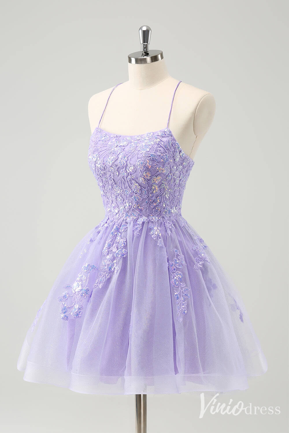 Light Blue Lace Applique Homecoming Dresses Spaghetti Strap Graduation Dress S24034-prom dresses-Viniodress-Lavender-Custom Size-Viniodress