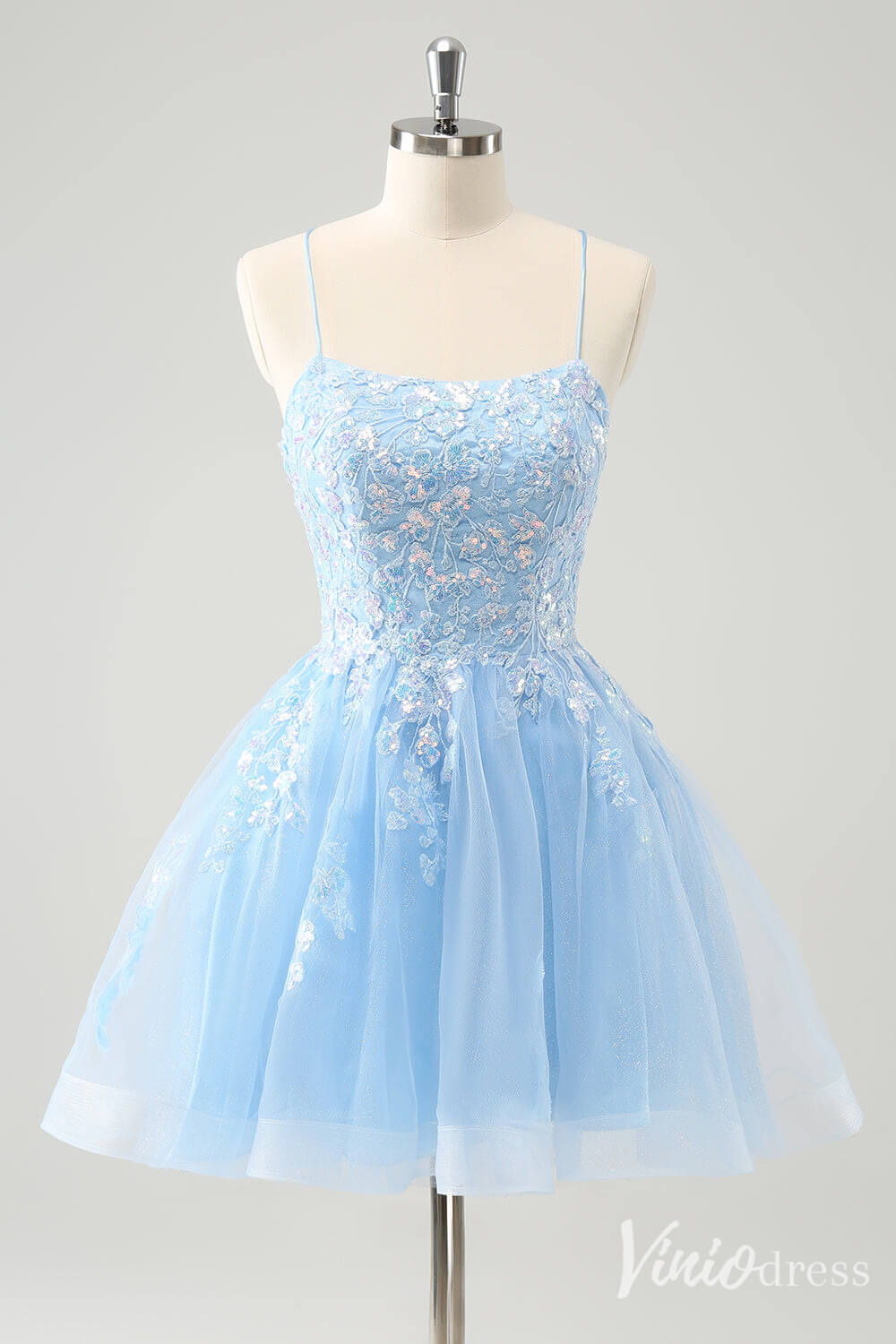 Light Blue Lace Applique Homecoming Dresses Spaghetti Strap Graduation Dress S24034-prom dresses-Viniodress-Light Blue-Custom Size-Viniodress