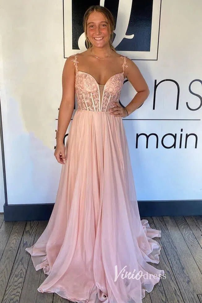 Light Blue Lace Applique Prom Dresses Chiffon Plunging V-Neck Formal Gown FD1348E-prom dresses 2025 -Viniodress-Blush Pink-Custom Size-