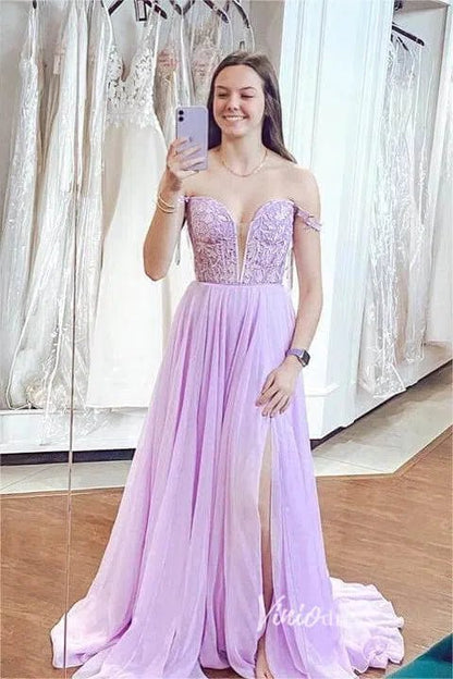 Light Blue Lace Applique Prom Dresses Chiffon Plunging V-Neck Formal Gown FD1348E-prom dresses 2025 -Viniodress-Light Blue-Custom Size-