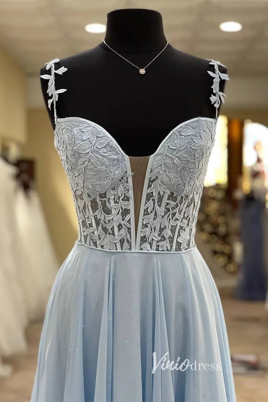 Light Blue Lace Applique Prom Dresses Chiffon Plunging V-Neck Formal Gown FD1348E-prom dresses 2025 -Viniodress-Light Blue-Custom Size-