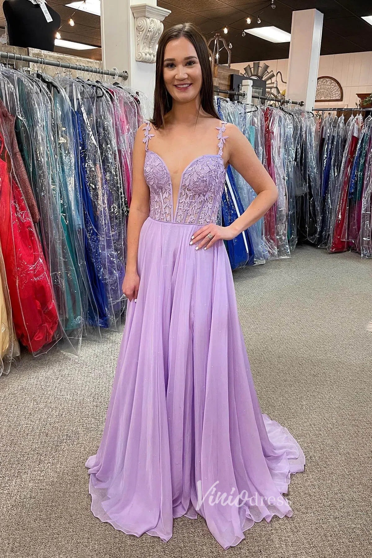 Light Blue Lace Applique Prom Dresses Chiffon Plunging V-Neck Formal Gown FD1348E-prom dresses 2025 -Viniodress-Lilac-Custom Size-