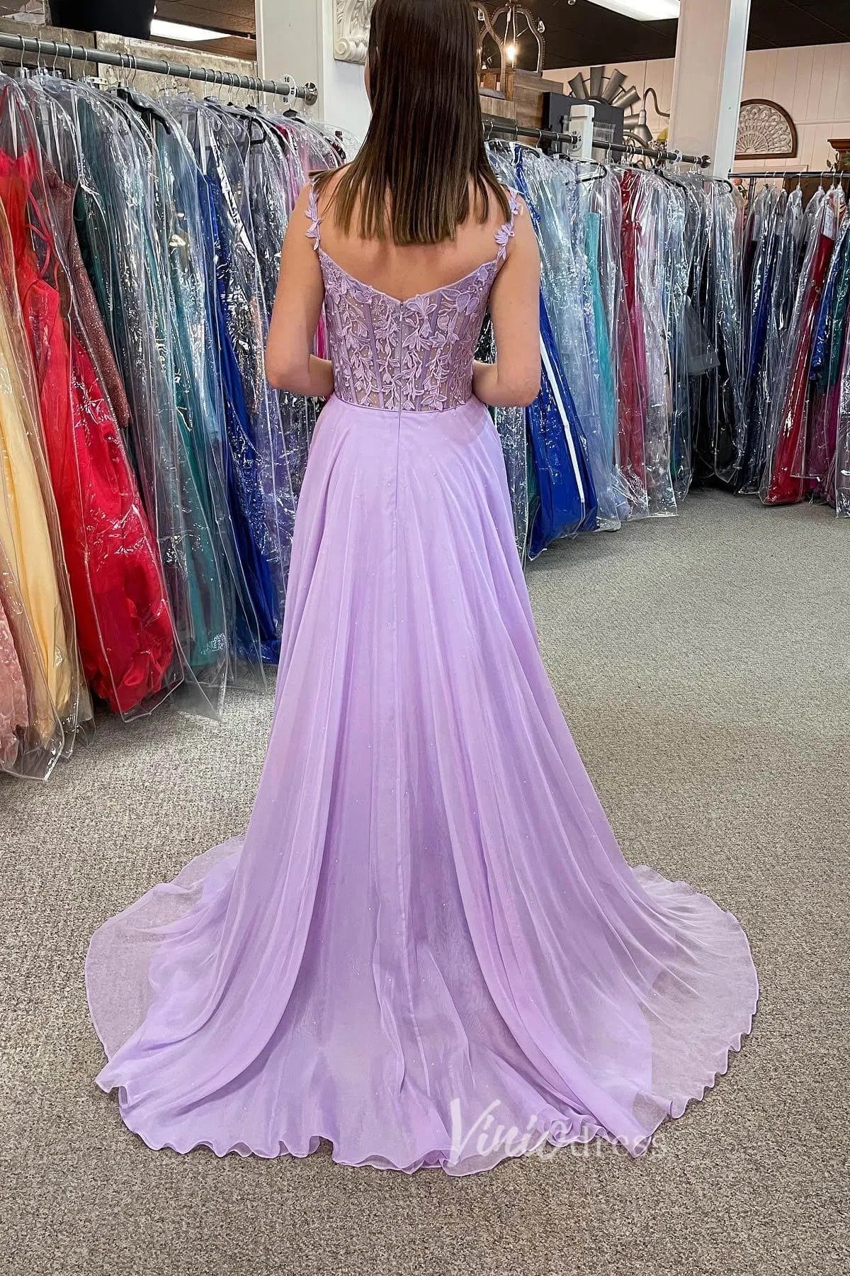 Light Blue Lace Applique Prom Dresses Chiffon Plunging V-Neck Formal Gown FD1348E-prom dresses 2025 -Viniodress-Light Blue-Custom Size-