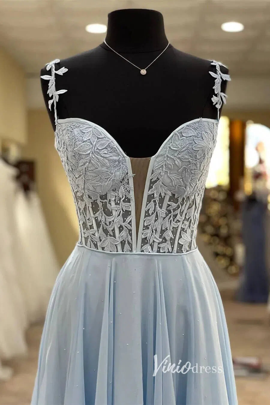 Light Blue Lace Applique Prom Dresses Chiffon Plunging V-Neck Formal Gown FD1348E-prom dresses-Viniodress-Viniodress