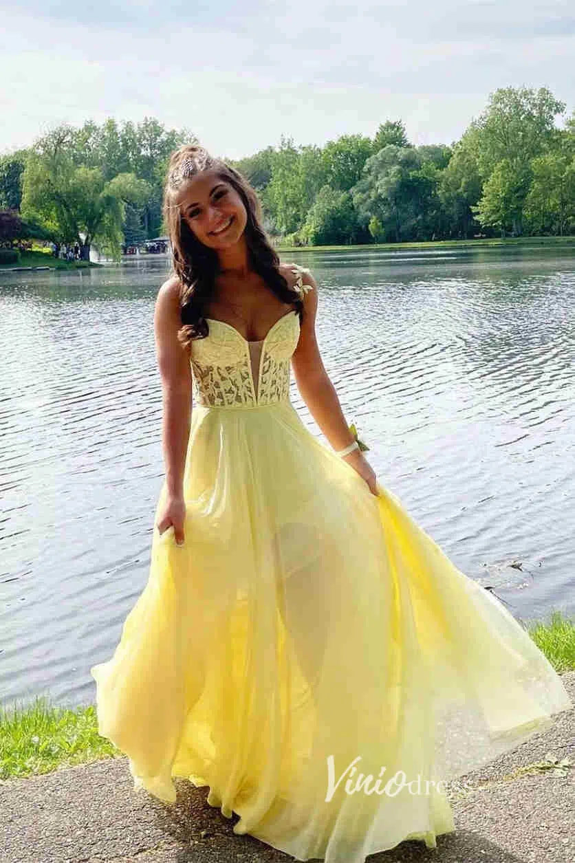 Prom Dress 2025 Light Blue Lace Applique Prom Dresses Chiffon Plunging V-Neck Formal Gown FD1348E-unique prom dresses-Yellow-Custom Size-Viniodress