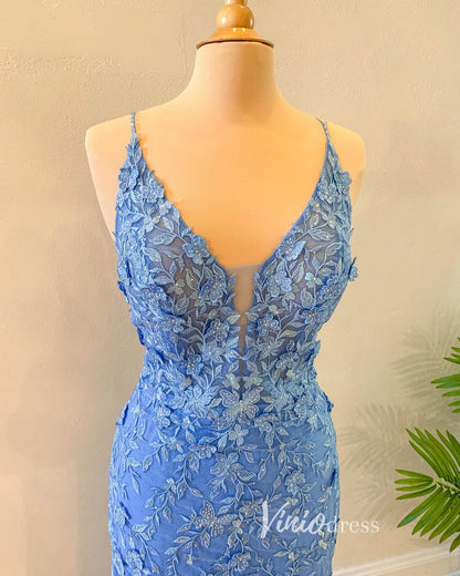 Light Blue Lace Applique Prom Dresses Mermaid Spaghetti Strap Evening Dress FD3304-prom dresses 2025 -Viniodress-Light Blue-Custom Size-