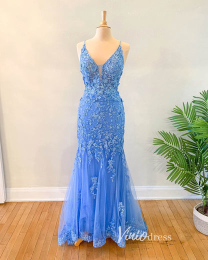 Light Blue Lace Applique Prom Dresses Mermaid Spaghetti Strap Evening Dress FD3304-prom dresses 2025 -Viniodress-Light Blue-Custom Size-