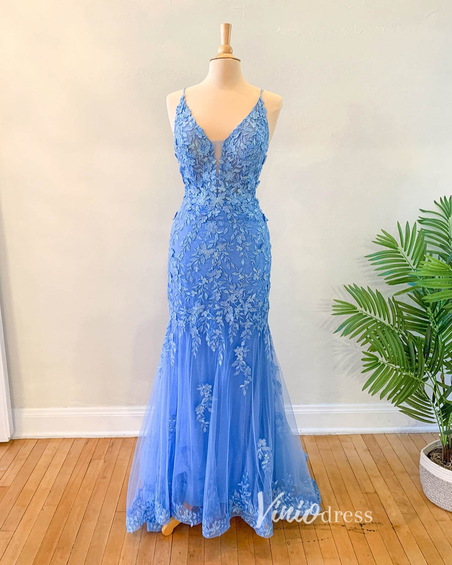 Prom Dress 2025 Light Blue Lace Applique Prom Dresses Mermaid Spaghetti Strap Evening Dress FD3304-unique prom dresses-Light Blue-Custom Size-Viniodress