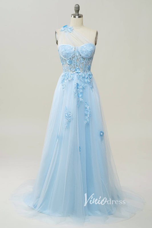 Light Blue Lace Applique Prom Dresses One Shoulder Evening Dress FD3404-prom dresses 2025 -Viniodress-Light Blue-Custom Size-