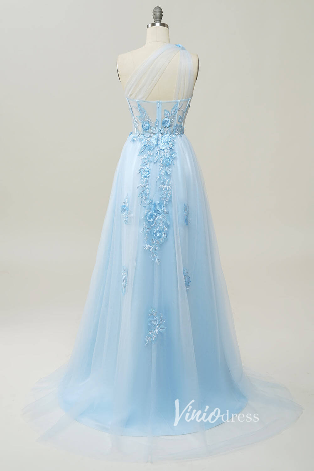 Prom Dress 2025 Light Blue Lace Applique Prom Dresses One Shoulder Evening Dress FD3404-unique prom dresses-Light Blue-Custom Size-Viniodress