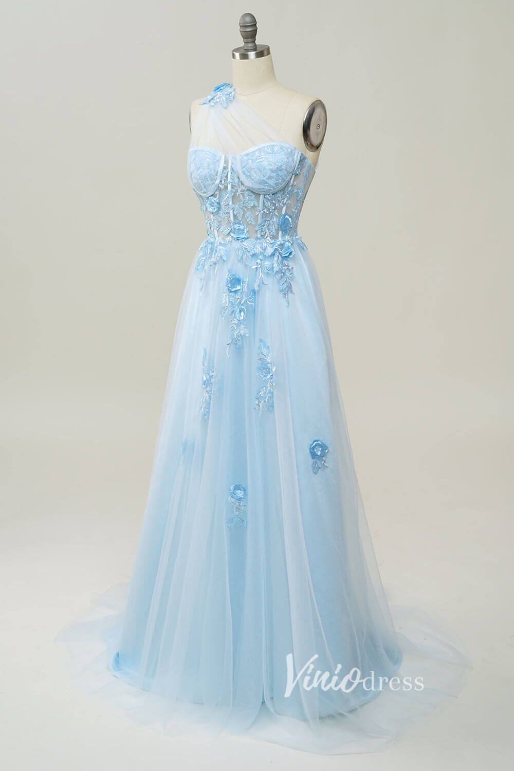 Prom Dress 2025 Light Blue Lace Applique Prom Dresses One Shoulder Evening Dress FD3404-unique prom dresses-Light Blue-Custom Size-Viniodress