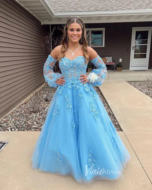 Light Blue Lace Applique Prom Dresses Removable Long Sleeves Formal Dress FD3571-prom dresses 2025 -Viniodress-Light Blue-Custom Size-