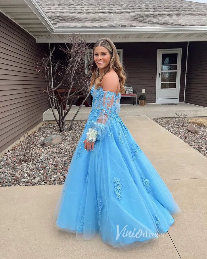 Light Blue Lace Applique Prom Dresses Removable Long Sleeves Formal Dress FD3571 - Viniodressprom dressesLight BlueCustom Size - Formal Dresses - Ball Gowns