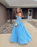 Light Blue Lace Applique Prom Dresses Removable Long Sleeves Formal Dress FD3571-prom dresses-Viniodress-Viniodress