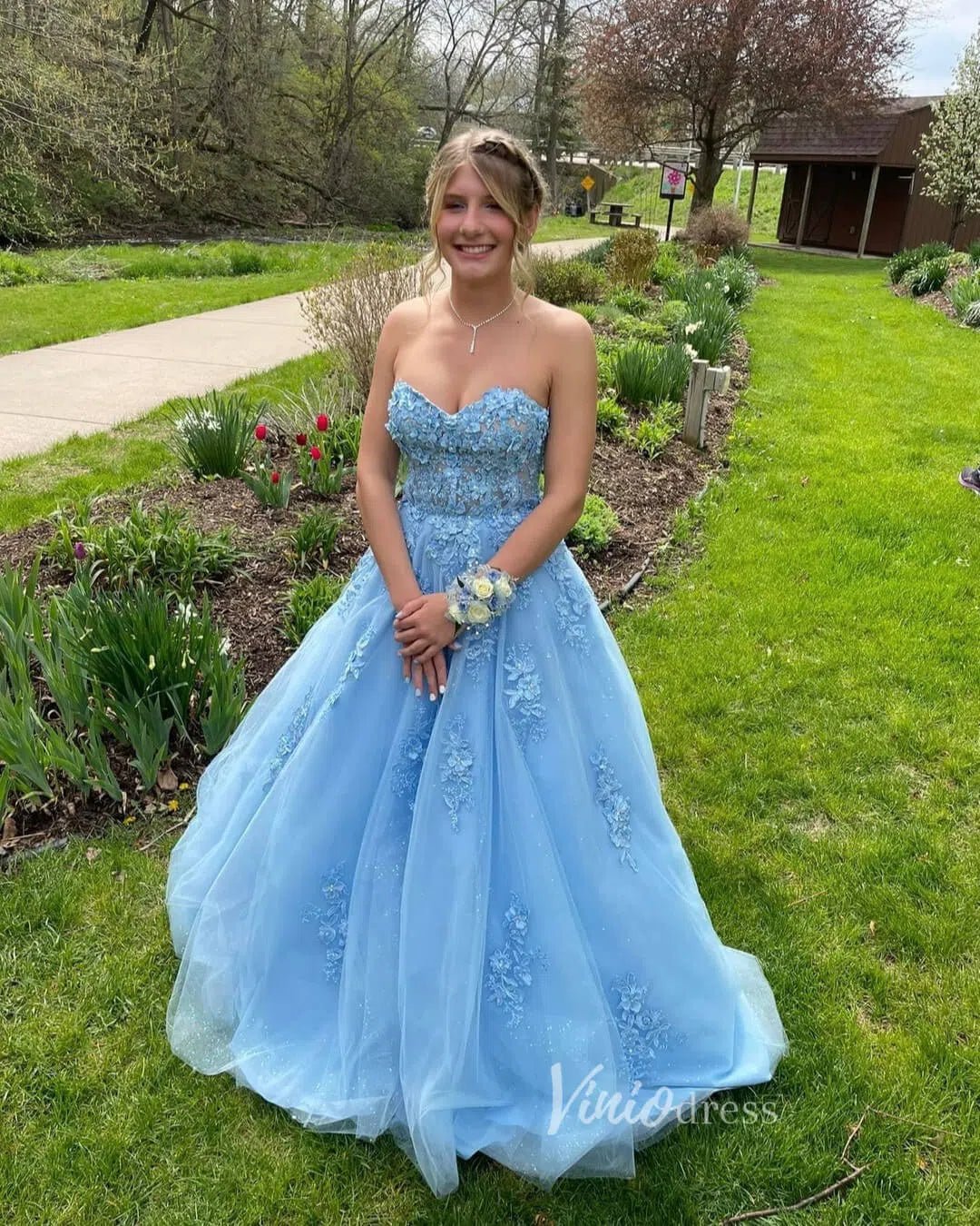 Light Blue Lace Applique Prom Dresses Removable Long Sleeves Formal Dress FD3571 - Viniodressprom dressesLight BlueCustom Size - Formal Dresses - Ball Gowns