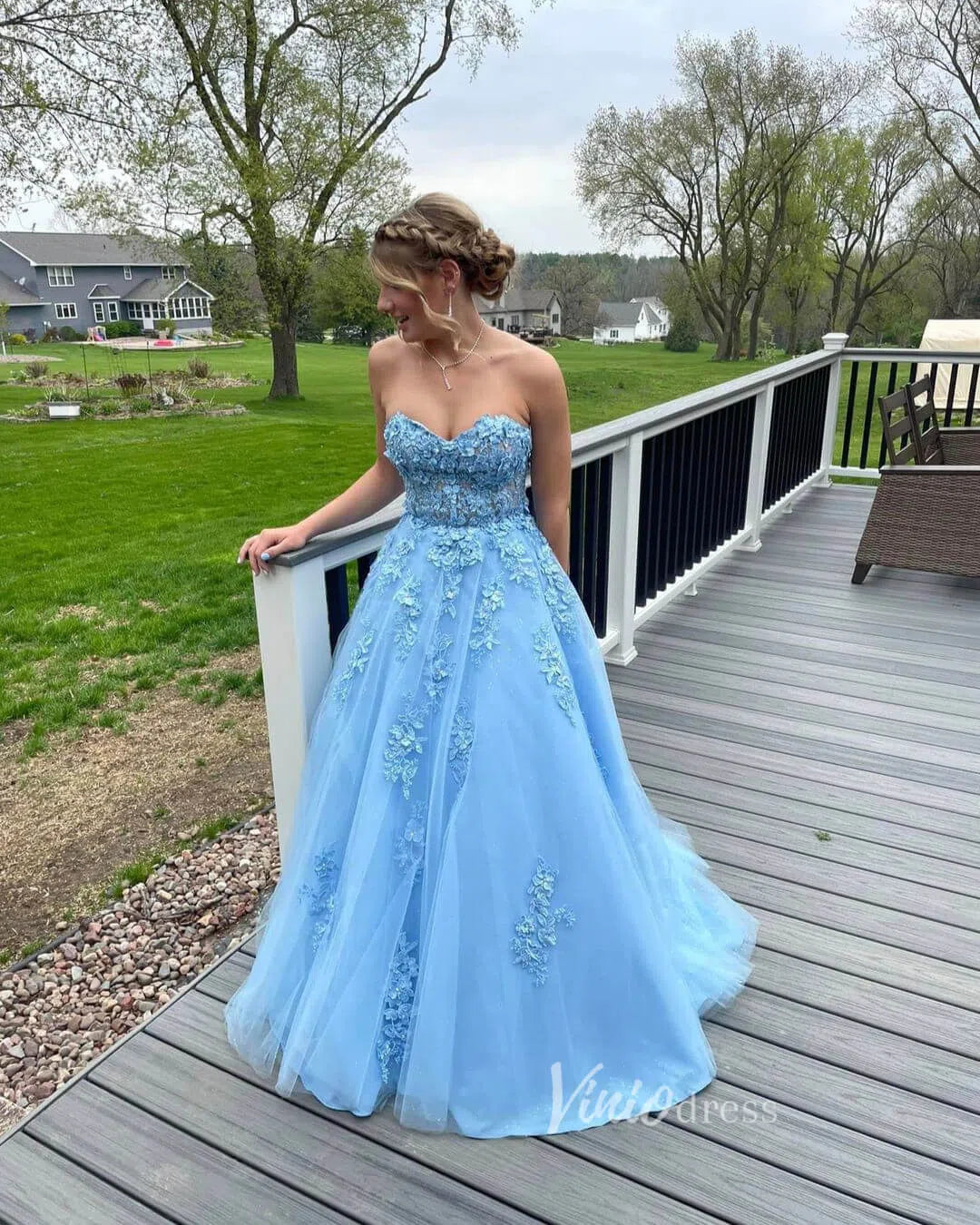 Light Blue Lace Applique Prom Dresses Removable Long Sleeves Formal Dress FD3571-prom dresses-Viniodress-Viniodress