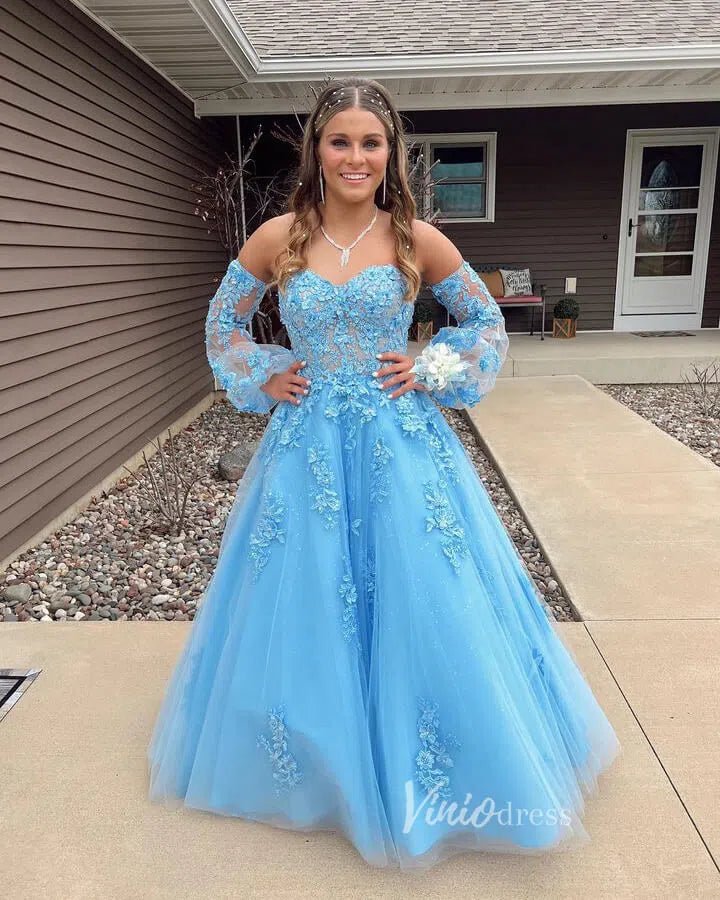 Light Blue Lace Applique Prom Dresses Removable Long Sleeves Formal Dress FD3571 - Viniodressprom dressesLight BlueCustom Size - Formal Dresses - Ball Gowns