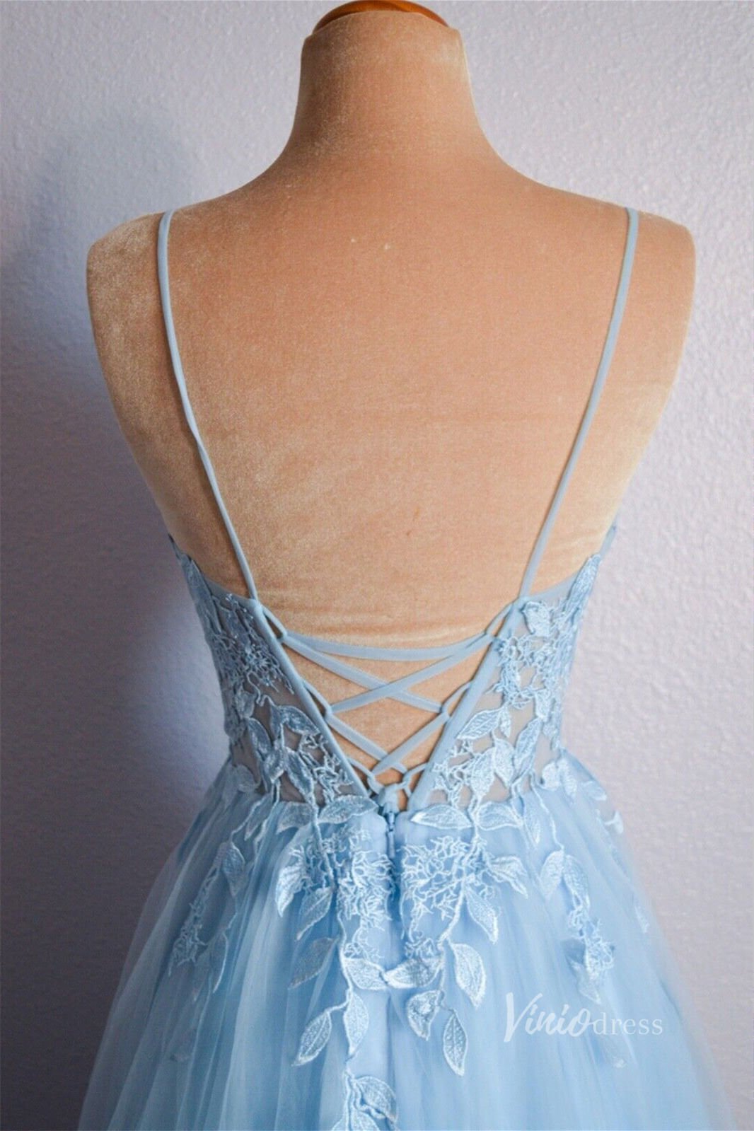 Light Blue Lace Applique Prom Dresses Sheer Bodice Spaghetti Strap FD3979-prom dresses 2025 -Viniodress-Light Blue-Custom Size-