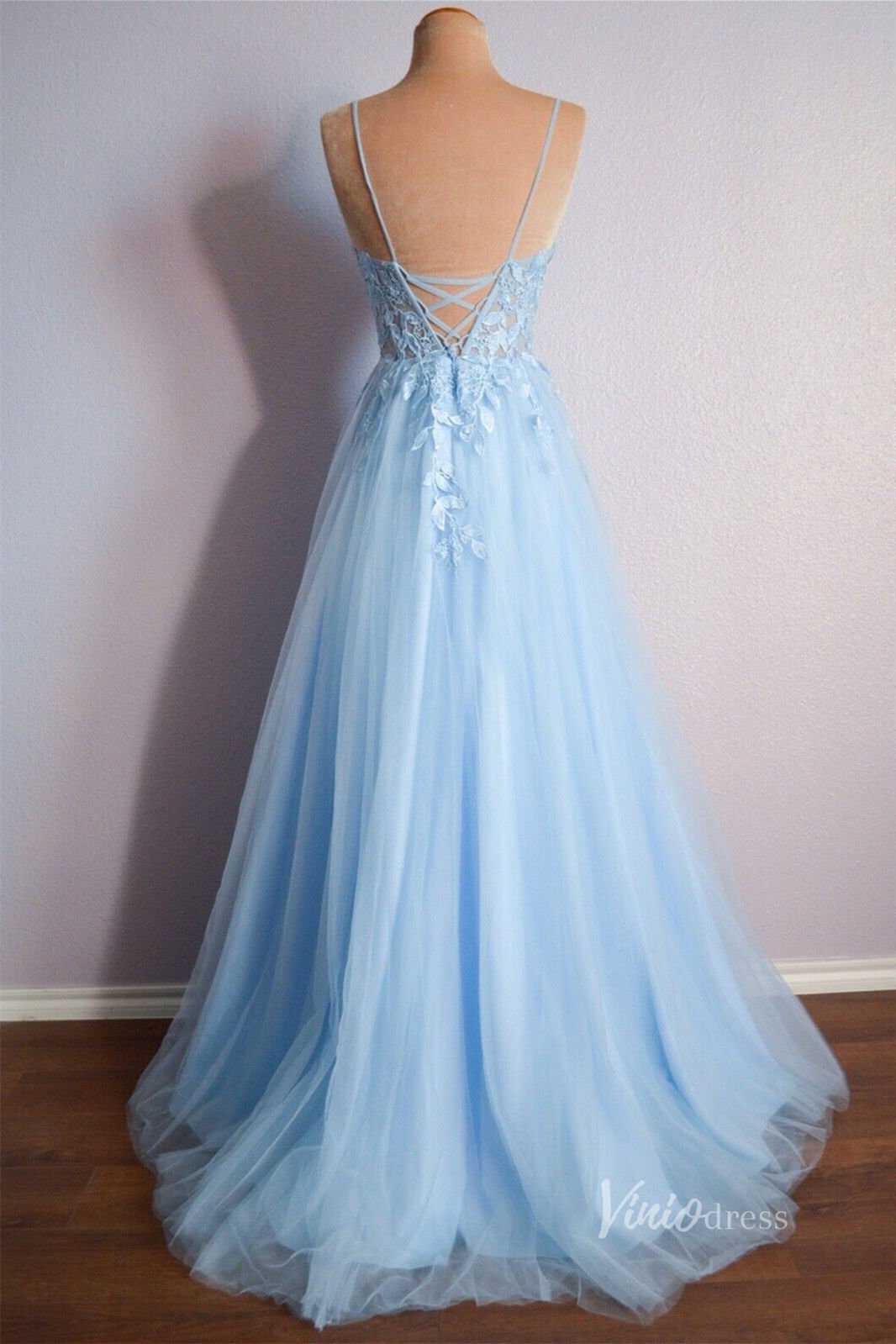 Light Blue Lace Applique Prom Dresses Sheer Bodice Spaghetti Strap FD3979-prom dresses 2025 -Viniodress-Light Blue-Custom Size-