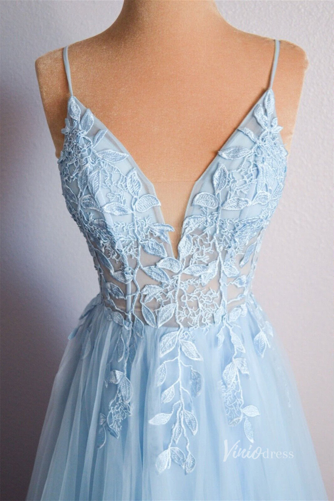 Light Blue Lace Applique Prom Dresses Sheer Bodice Spaghetti Strap FD3979-prom dresses-Viniodress-Viniodress