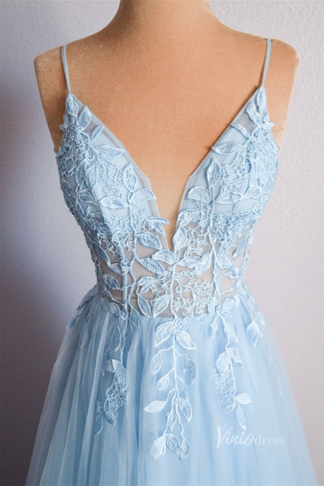 Light Blue Lace Applique Prom Dresses Sheer Bodice Spaghetti Strap FD3979 - Viniodressprom dressesLight BlueCustom Size - Formal Dresses - Ball Gowns