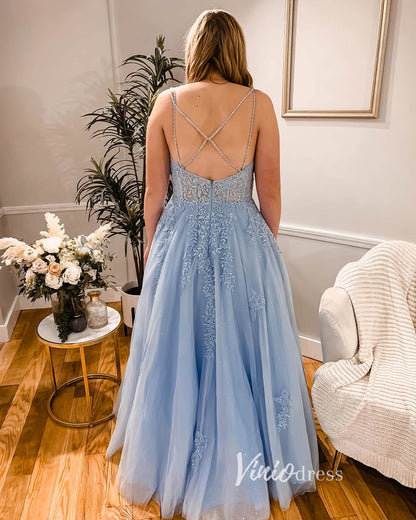 Light Blue Lace Applique Prom Dresses Spaghetti Strap Formal Gown FD3363-prom dresses 2025 -Viniodress-Light Blue-Custom Size-