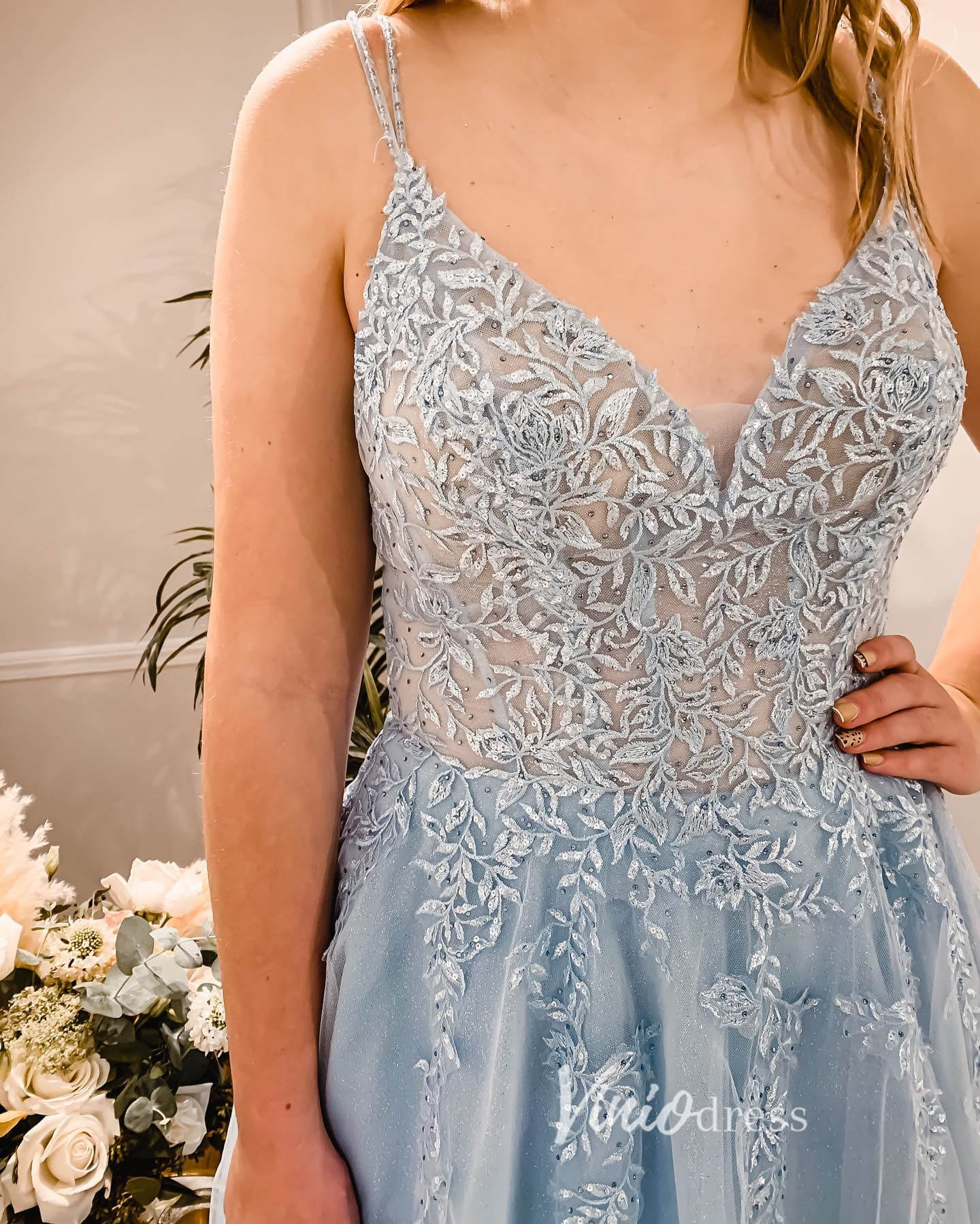 Prom Dress 2025 Light Blue Lace Applique Prom Dresses Spaghetti Strap Formal Gown FD3363-unique prom dresses-Light Blue-Custom Size-Viniodress