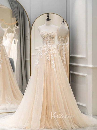 Light Blue Lace Applique Prom Dresses Strapless Evening Dress FD3109-prom dresses 2025 -Viniodress-Champagne-Custom Size-