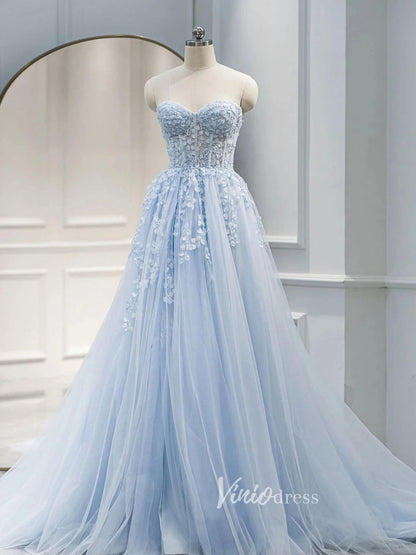 Light Blue Lace Applique Prom Dresses Strapless Evening Dress FD3109-prom dresses 2025 -Viniodress-Light Blue-Custom Size-