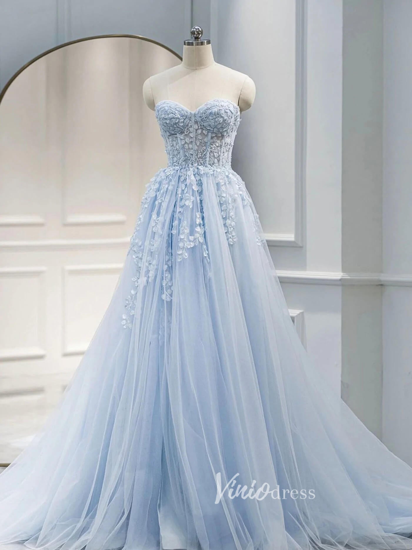 Prom Dress 2025 Light Blue Lace Applique Prom Dresses Strapless Evening Dress FD3109-unique prom dresses-Light Blue-Custom Size-Viniodress