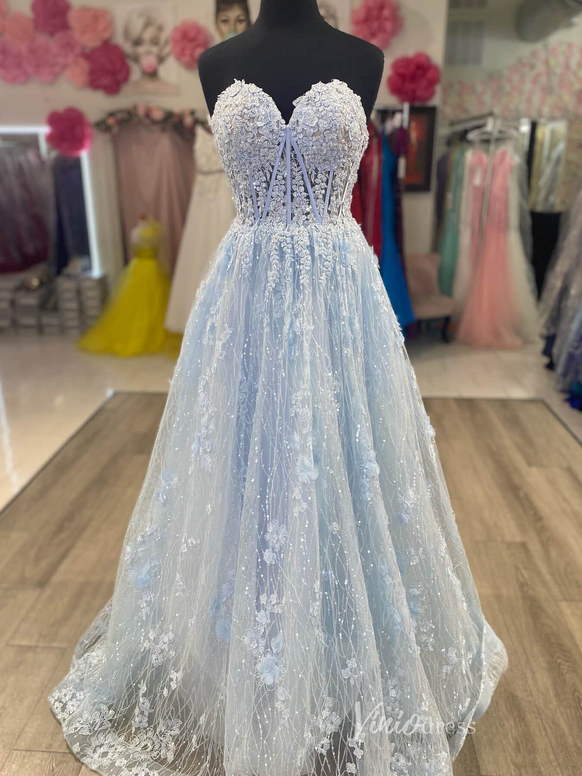 Light Blue Lace Applique Prom Dresses Sweetheart Neck Sheer Boned Bodice FD4028-prom dresses-Viniodress-Light Blue-Custom Size-Viniodress