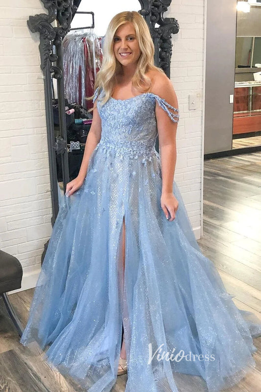 Prom Dress 2025 Light Blue Lace Applique Prom Dresses with Slit Off the Shoulder Formal Gown FD3374-unique prom dresses-Light Blue-Custom Size-Viniodress