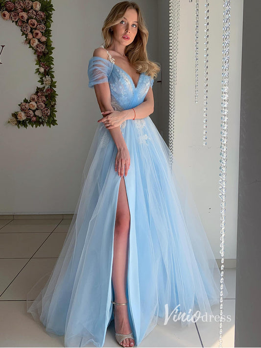 Light Blue Lace Applique Prom Dresses With Slit V-Neck Evening Dress FD2925-prom dresses 2025 -Viniodress-Light Blue-Custom Size-