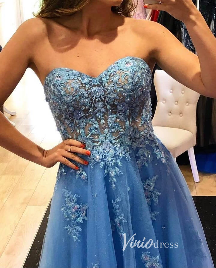Light Blue Lace Appliqued Prom Dresses Strapless Evening Dress FD3354   Viniodress