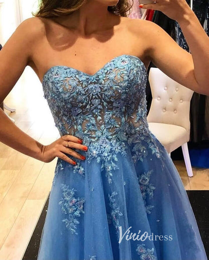 Light Blue Lace Appliqued Prom Dresses Strapless Evening Dress FD3354-prom dresses 2025 -Viniodress-Light Blue-Custom Size-