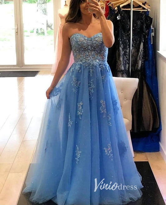 Light Blue Lace Appliqued Prom Dresses Strapless Evening Dress FD3354-prom dresses 2025 -Viniodress-Light Blue-Custom Size-