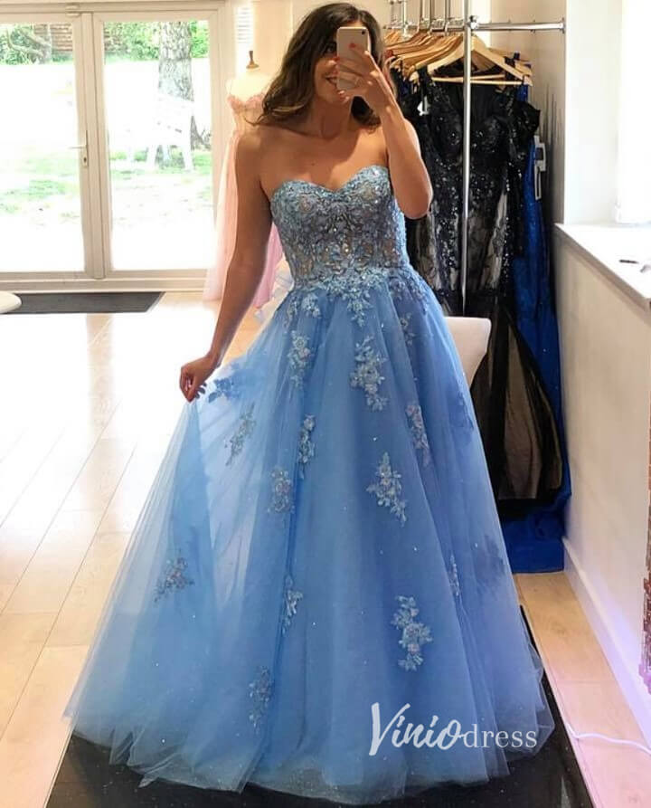 Prom Dress 2025 Light Blue Lace Appliqued Prom Dresses Strapless Evening Dress FD3354-unique prom dresses-Light Blue-Custom Size-Viniodress