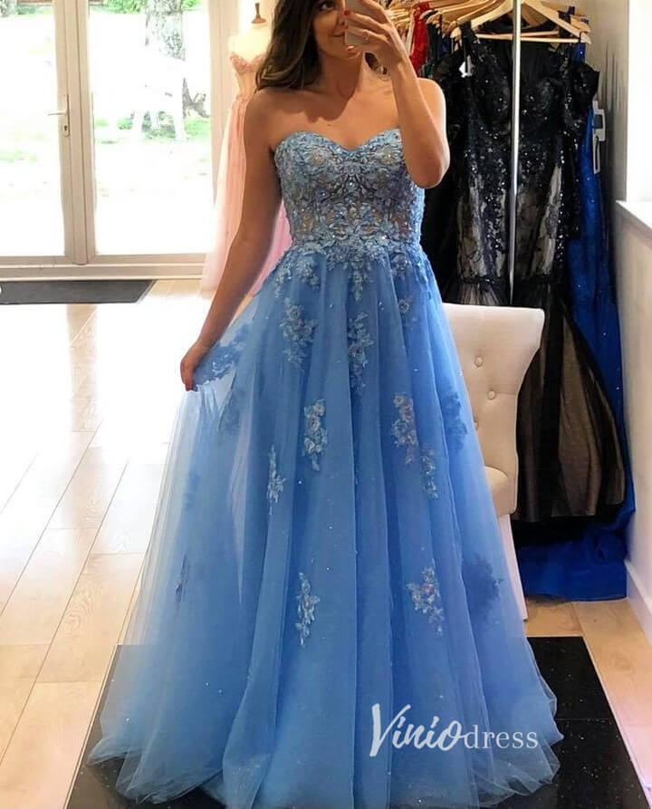 Prom Dress 2025 Light Blue Lace Appliqued Prom Dresses Strapless Evening Dress FD3354-unique prom dresses-Light Blue-Custom Size-Viniodress