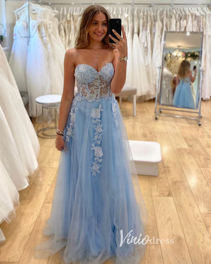 Light Blue Lace Appliqued Prom Dresses Strapless Evening Dress FD3354B-prom dresses 2025 -Viniodress-Light Blue-Custom Size-
