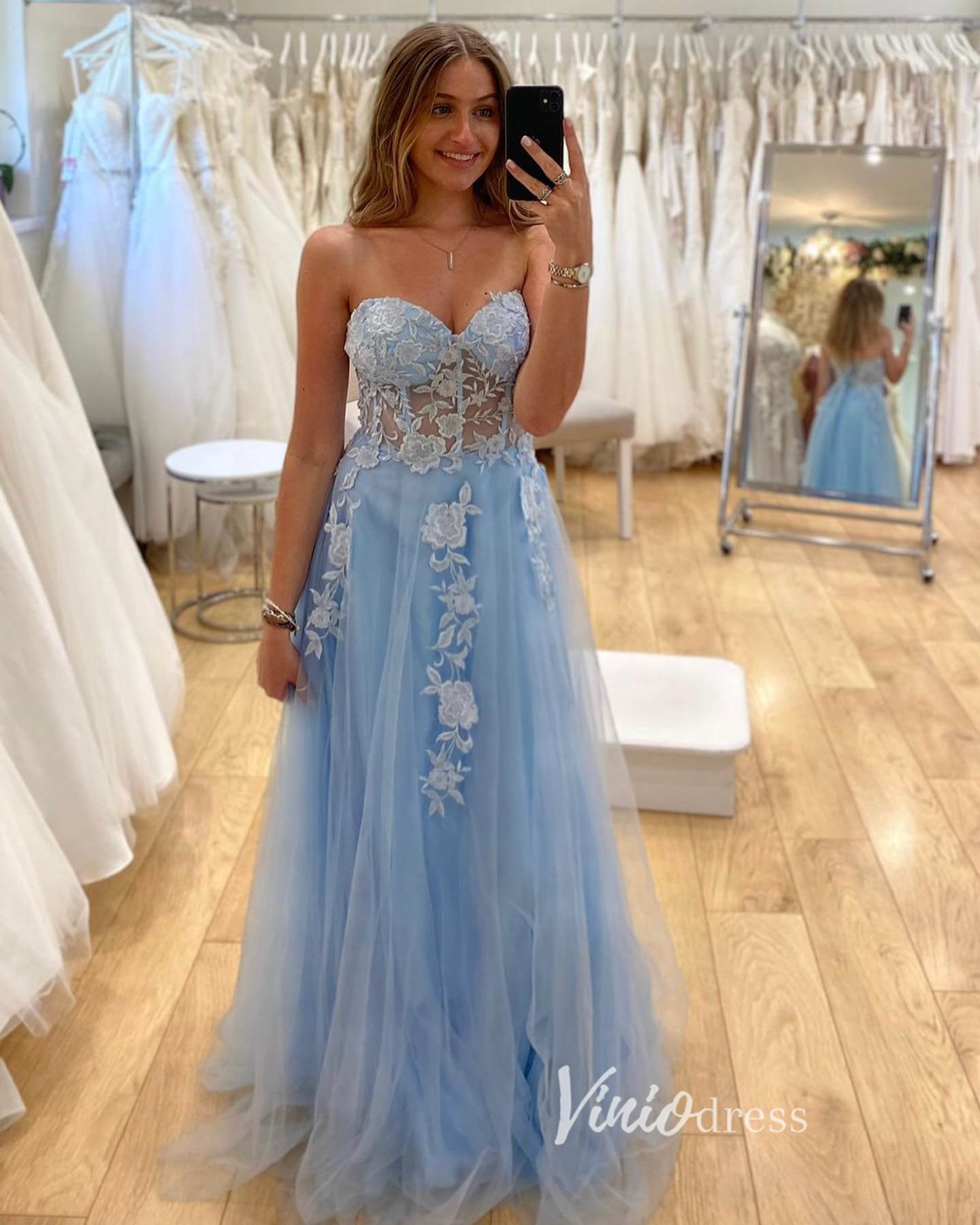 Prom Dress 2025 Light Blue Lace Appliqued Prom Dresses Strapless Evening Dress FD3354B-unique prom dresses-Light Blue-Custom Size-Viniodress