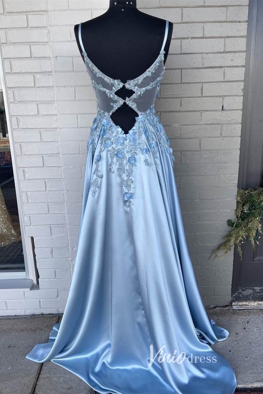 Prom Dress 2025 Light Blue Lace Appliqued Prom Dresses with Slit 3D Flower Evening Gown FD3315-unique prom dresses-Light Blue-Custom Size-Viniodress