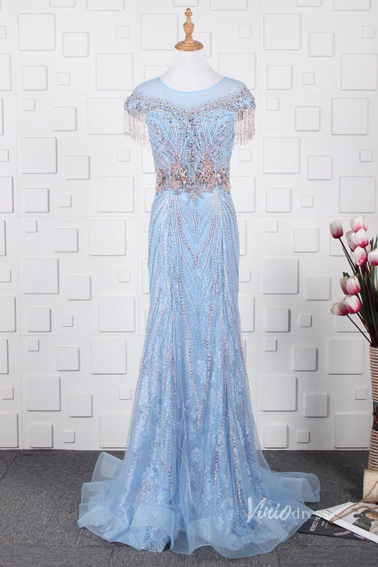 Light Blue Lace Beaded Prom Dresses Sheath Vintage Evening Dress FD2670-Evening Dresses 2025 -Viniodress-Light Blue-US 2-