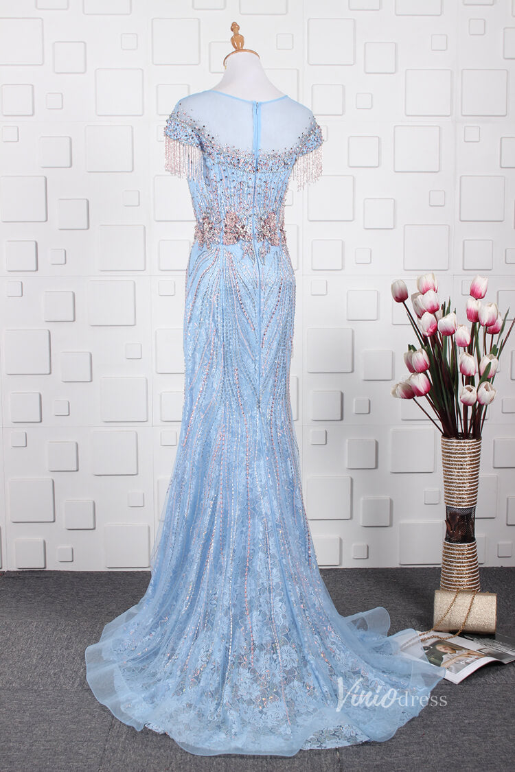 Prom Dress 2025 Light Blue Lace Beaded Prom Dresses Sheath Vintage Evening Dress FD2670-unique prom dresses-Light Blue-US 2-Viniodress